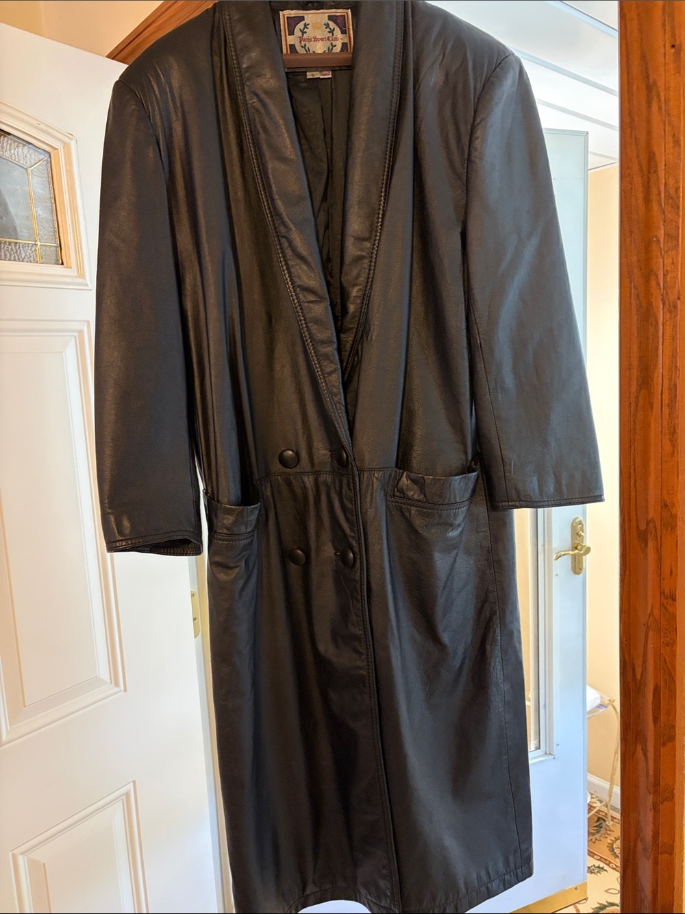 Women's Black Leather Long Trench Coat by